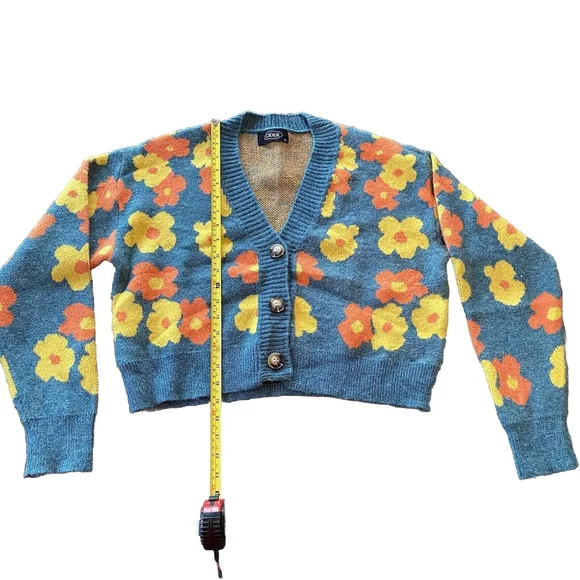 Cider Cropped Button Down Cardigan Teal & Daisies Women’s XL - Picture 3 of 5